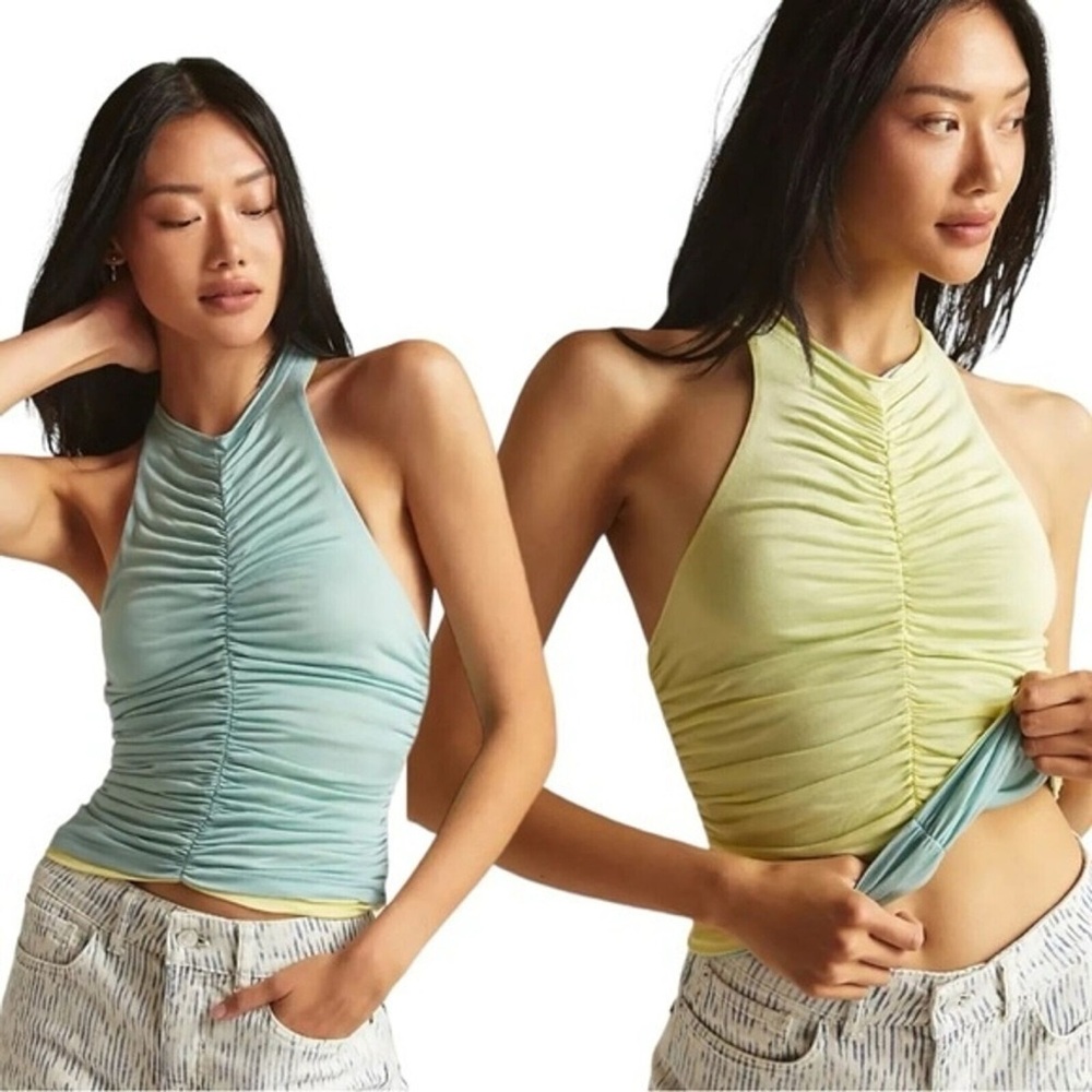 Anthropologie‎ || Pilcro Reversible Tank Ruched Stretch Blue Yellow Medium NWT